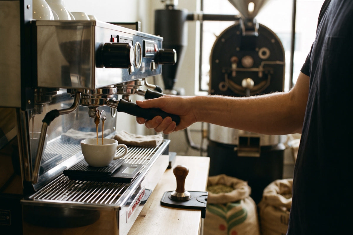 Máquina de espresso profesional extrayendo un espresso en el obrador de Sufí Kafé
