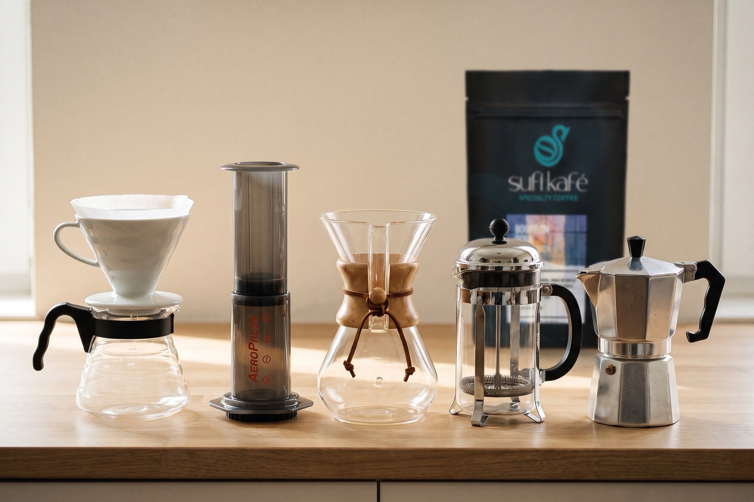 V60, Aeropress, Chemex, prensa francesa y moka alineadas
