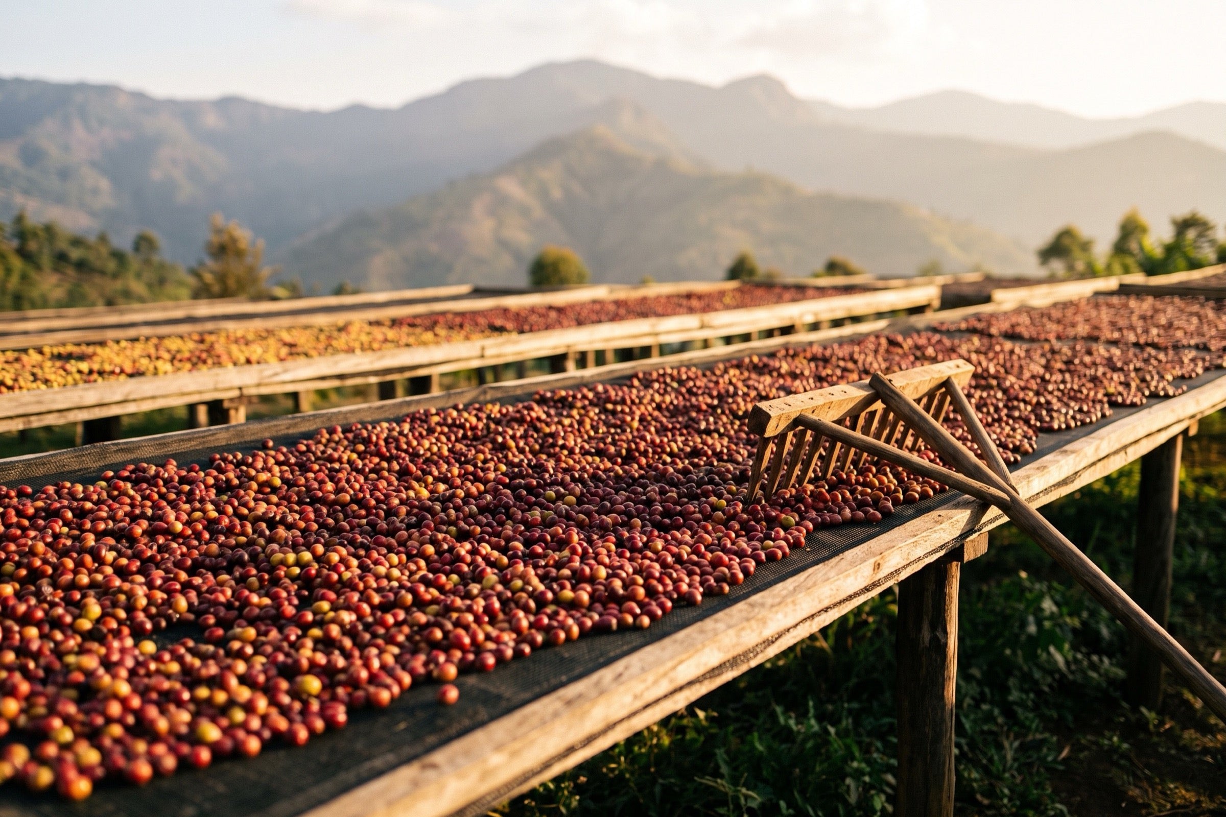 Cerezas de café secándose en camas africanas elevadas en una finca de altura