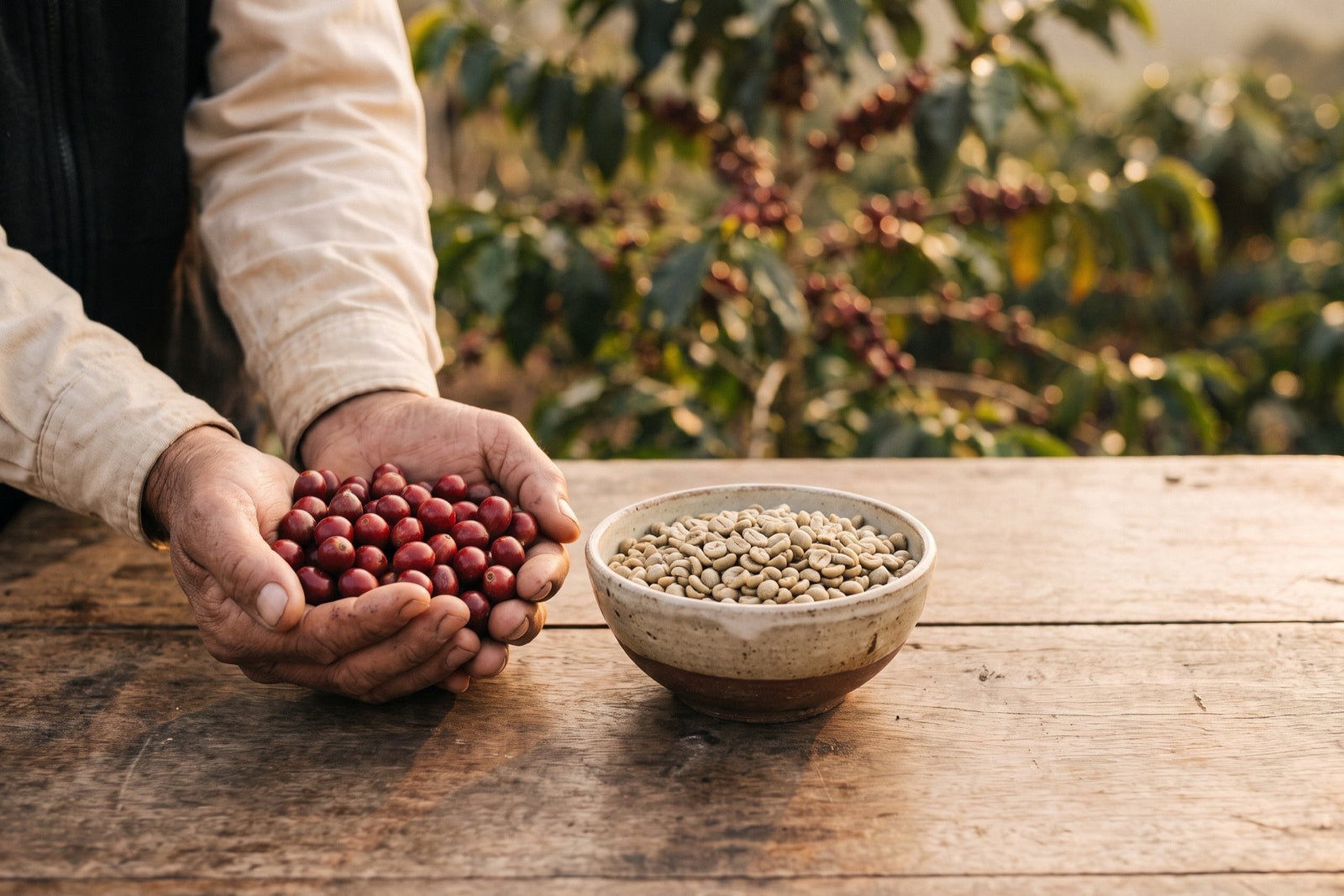 Cerezas de café maduras y granos de café verde en una finca